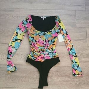 NWT AFRM Pink and Black Long Sleeve Fitted Bodysuit XS